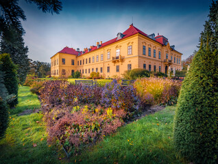 Astonishing summer view of Eckartsa castle. Wonderful evening cityscape of Eckartsau village, in the district of Ganserndorf, Austria, Europe. Fantastic outdoor scene of Austrian countryside.
