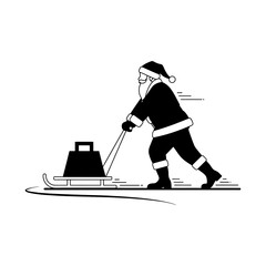 Santa Claus Pulling Sled with Gift Black and White Illustration