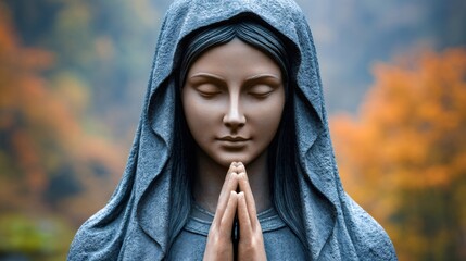 Virgin mary statue praying with serene faith in autumn © Lubos Chlubny