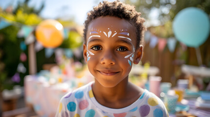 Smiling boy with face paint at colorful outdoor birthday party with balloons and decorations