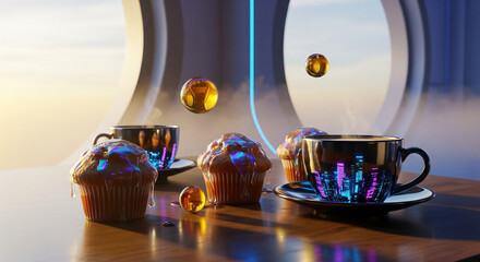 futuristic breakfast with coffee, honey and pastries