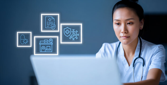 Healthcare professional studying antibiotic stewardship on laptop. Resistance infection control antimicrobial concept.