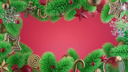 Animated red Christmas frame: fir branches, gold balls, stars, gingerbread and sparkling baubles assemble around the border, leaving a central space for text or greetings.