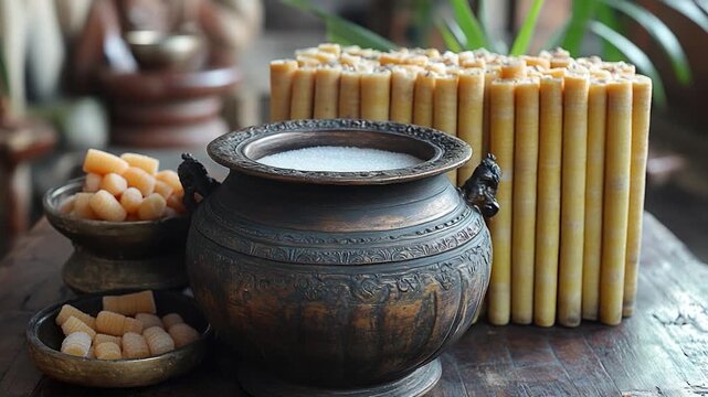 A simple table setup with a metal pot filled with sugar cubes, great for a rustic or vintage-themed setting
