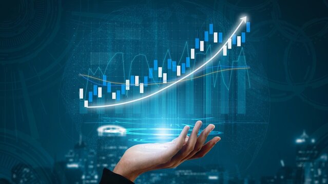 An artistic representation of a hand holding a digital graph showcasing stock market trends. The design features rising lines and bars in a futuristic blue and white style. Copula