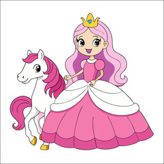 Cute Princess with Pink Dress and Pony  Cartoon Fairy Tale Character Illustration