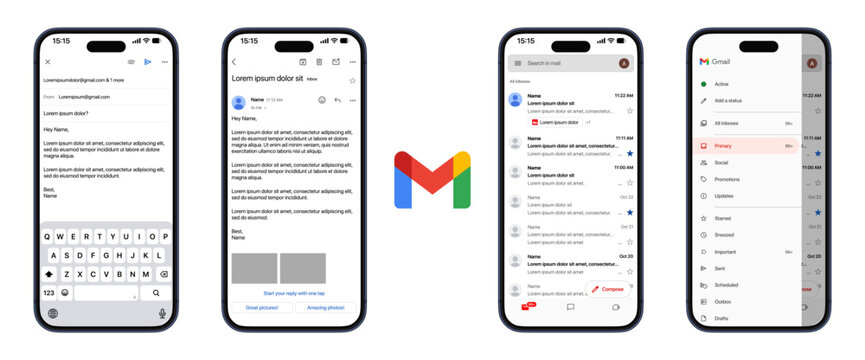 Gmail UI Mockup with Inbox, Compose, Sent, Drafts, Spam, Labels, Search, Threaded Emails, Notifications, and Interactive Mobile Layout
