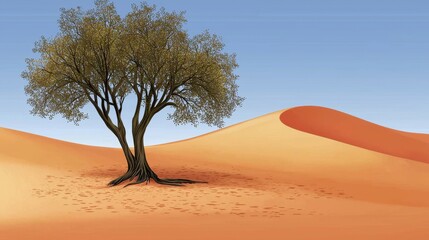 Olive Tree on a Desert Dune Under a Clear Blue Sky