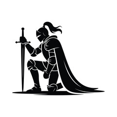 Fototapeta premium Silhouette of a knight in armor kneeling with sword
