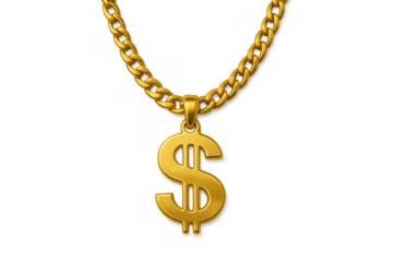 Gold chain with dollar sign pendant representing wealth, hip hop culture, luxury, and success on transparent background