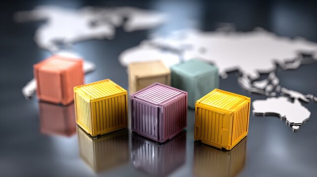 Colorful cargo containers are arranged on a world map.