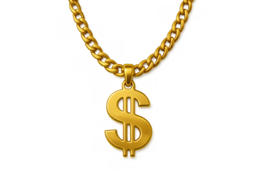 Gold chain with dollar sign pendant representing wealth, hip hop culture, luxury, and success on transparent background