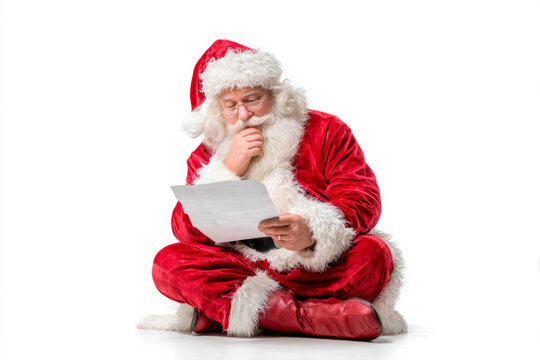 Santa Claus in red costume sitting cross legged and reading a letter