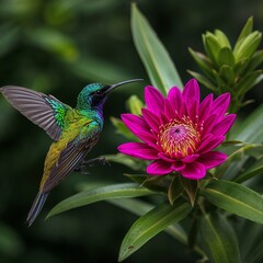 Fototapeta premium Iridescent hummingbird hovers near vibrant pink flower in lush greenery