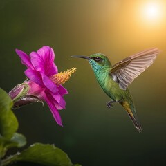 Fototapeta premium Iridescent green hummingbird hovering near a vibrant pink flower in soft sunlight