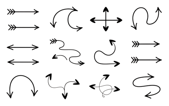 Diverse set of handdrawn arrow graphics isolated on transparent background, offering a variety of styles for navigation and indication - Powered by Adobe