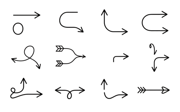 Assortment of unique handdrawn arrow icons isolated on transparent background, perfect for web and print design projects