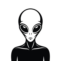 Stylized black and white portrait of a classic grey alien