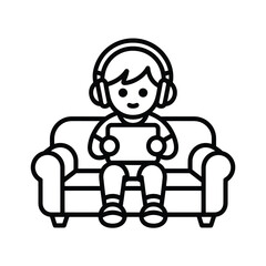 Child wearing headphones plays on a tablet while sitting on a couch