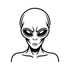Stylized illustration of an alien head and shoulders in black and white
