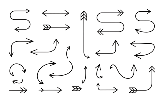 Variety of handdrawn arrow illustrations in multiple styles and forms, isolated on transparent background