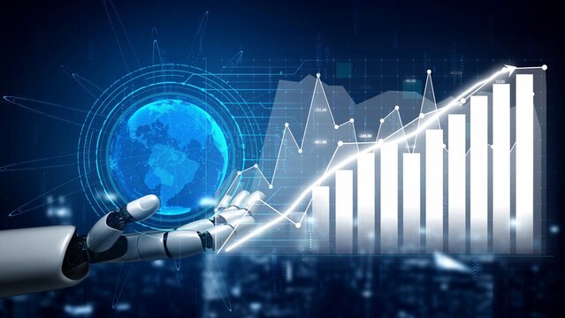 A futuristic robot hand holds a digital globe while presenting rising graph indicators. This image captures the essence of technological growth and data analysis in a modern context. Copula