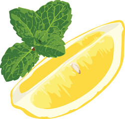 A vibrant illustration of a lemon wedge with visible seeds, accompanied by a sprig of fresh green mint leaves.