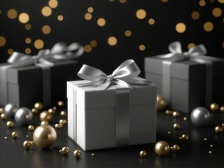 Elegant silver gift boxes with ribbons, surrounded by gold and silver ornaments on a black surface, with warm bokeh lights in the background.