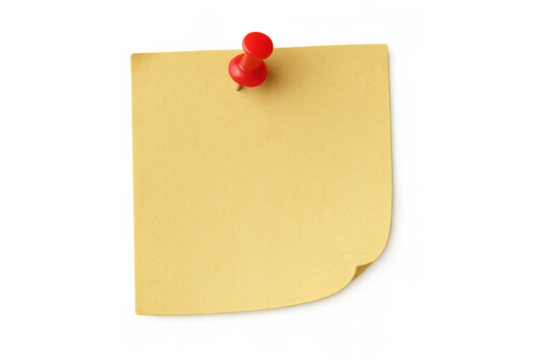 Yellow sticky blank paper note attached with a red pushpin, creating a reminder on a transparent background