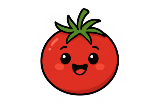 Happy red tomato cartoon character illustration with a smiling face, kawaii food drawing on transparent background