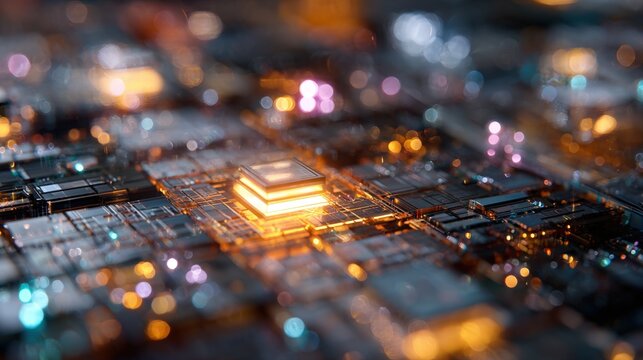 Close-up abstract visualization of a glowing microchip or CPU on a circuit board. Excellent for concepts like AI, machine learning, big data, cryptocurrency, quantum computing, and future technology