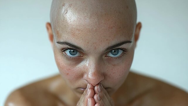 A portrait of a woman with a shaved head and striking blue eyes, great for a confident and unique individual profile or editorial use