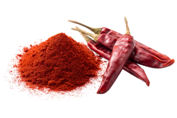 Ground red chili powder and dry whole chili peppers on a white background for cooking and seasoning Generative AI