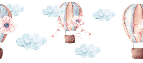 Watercolor hot air balloon seamless border with flowers, pennants and clouds. Hand painted seamless baby sky pattern for baby shower, nursery decor, textile prints and wallpaper. © Tatiana