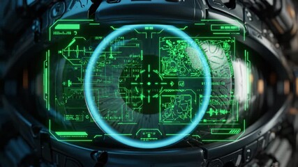 Futuristic technology showcases advanced robotics with digital interface, featuring green graphics and intricate data visualization, highlighting high tech design elements and cybernetic aesthetics - Powered by Adobe