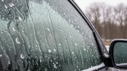 Close-up of melting snow and ice on a car window. Water droplets from freezing rain run down the wet glass during a winter storm. Cold weather concept - Powered by Adobe