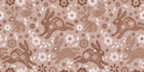 Whimsical brown bunny rabbit and flower pattern seamless repeating background
