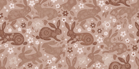 Charming seamless pattern with stylized rabbits and delicate flowers in a warm earthy brown color palette
