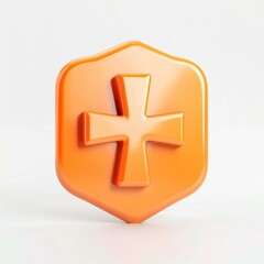 Obraz premium Minimal 3D render of orange shield with medical cross isolated on solid white background, clean and modern concept for healthcare, emergency, or protective icon use