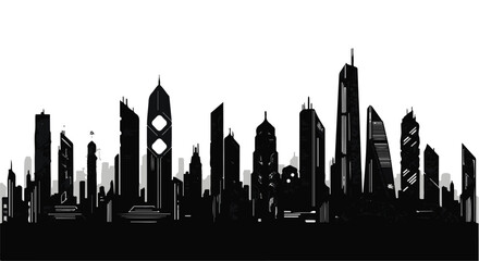 Naklejka premium Modern city skyline silhouette against a bright sky, showcasing a futuristic urban landscape.