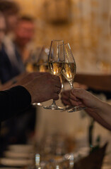 Clinking champagne glasses with bokeh background