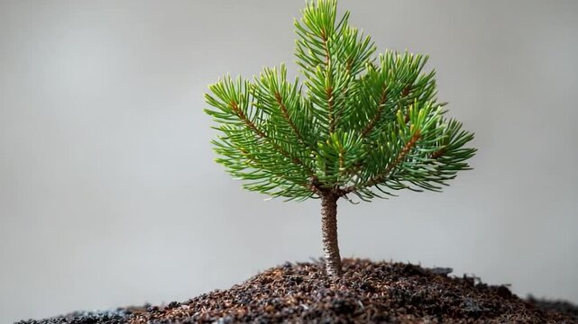 A small pine tree sprouts from a mound of earth, symbolizing growth and resilience