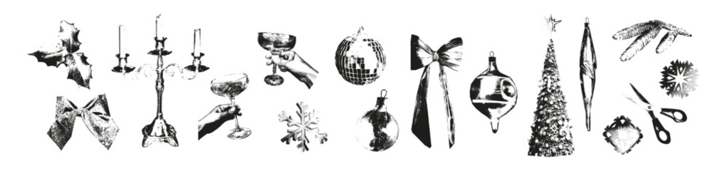 Naklejka na ściany i meble Stipple Christmas and New year design elements set. Vintage dotted stickers for punk winter holiday collage. Retro photocopy vector illustration with grunge gritty texture on transparent background  Naklejka na ściany i meble Stipple Christmas and New year design elements set. Vintage dotted stickers for punk winter holiday collage. Retro photocopy vector illustration with grunge gritty texture on transparent background
