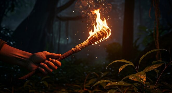 A hand holding a fire torch in a jungle at night