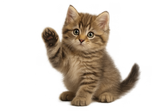 Cute tabby kitten raising paw, greeting gesture or waving hello, sitting on transparent background