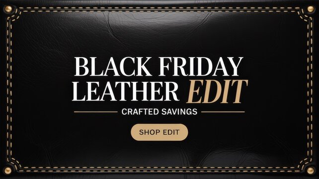Luxury Black Leather Black Friday Banner — Stitched Border, Brass Rivets & Gold Shop Button