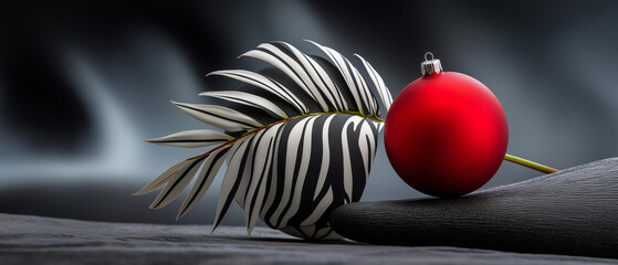 Minimal black and white Christmas setup with one red accent ornament, artistic tone, blurred background, with copy space