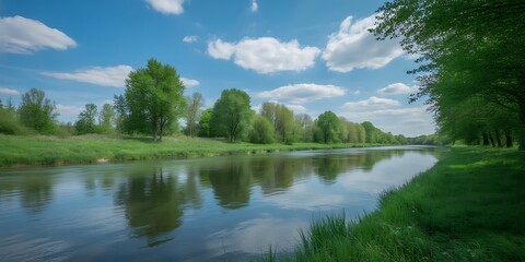 Peaceful river landscape with green trees and blue sky on a sunny day