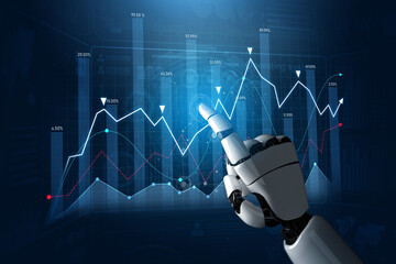 A robotic hand interacts with illuminated digital financial graphs, showcasing data trends and...