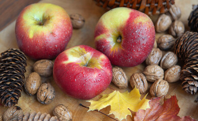 still life with bright red apples covered by drops, walnuts and pine cones with autumn leaves on a table  autumnal food